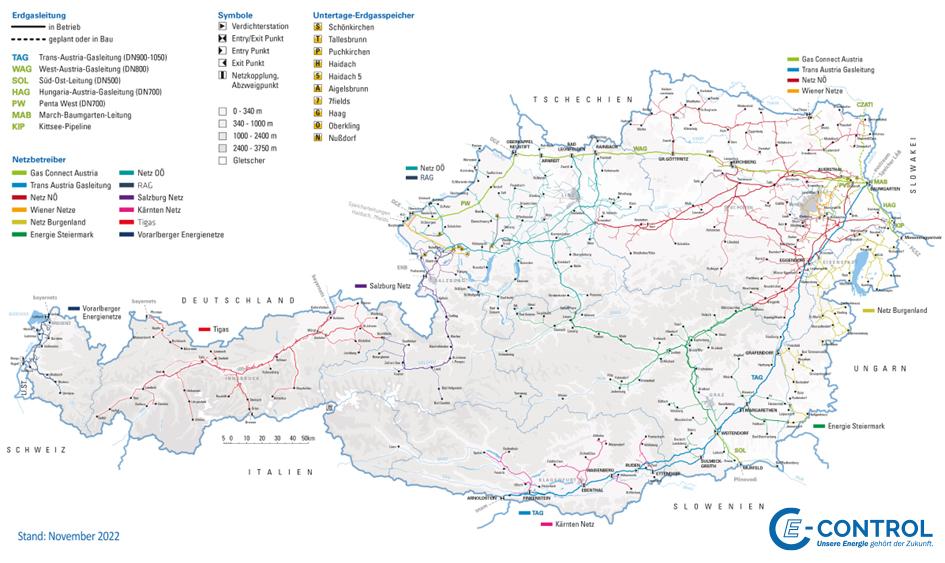 Erdgasleitungen und Erdgasspeicher in Österreich