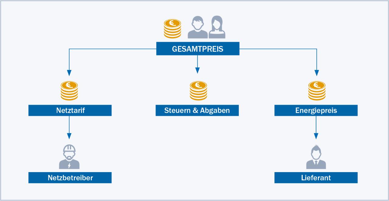 Die Gesamtkosten für Strom oder Gas setzten sich aus den Rechungsteilen des Energieanbieters und des Netzbetreibers zusammen.